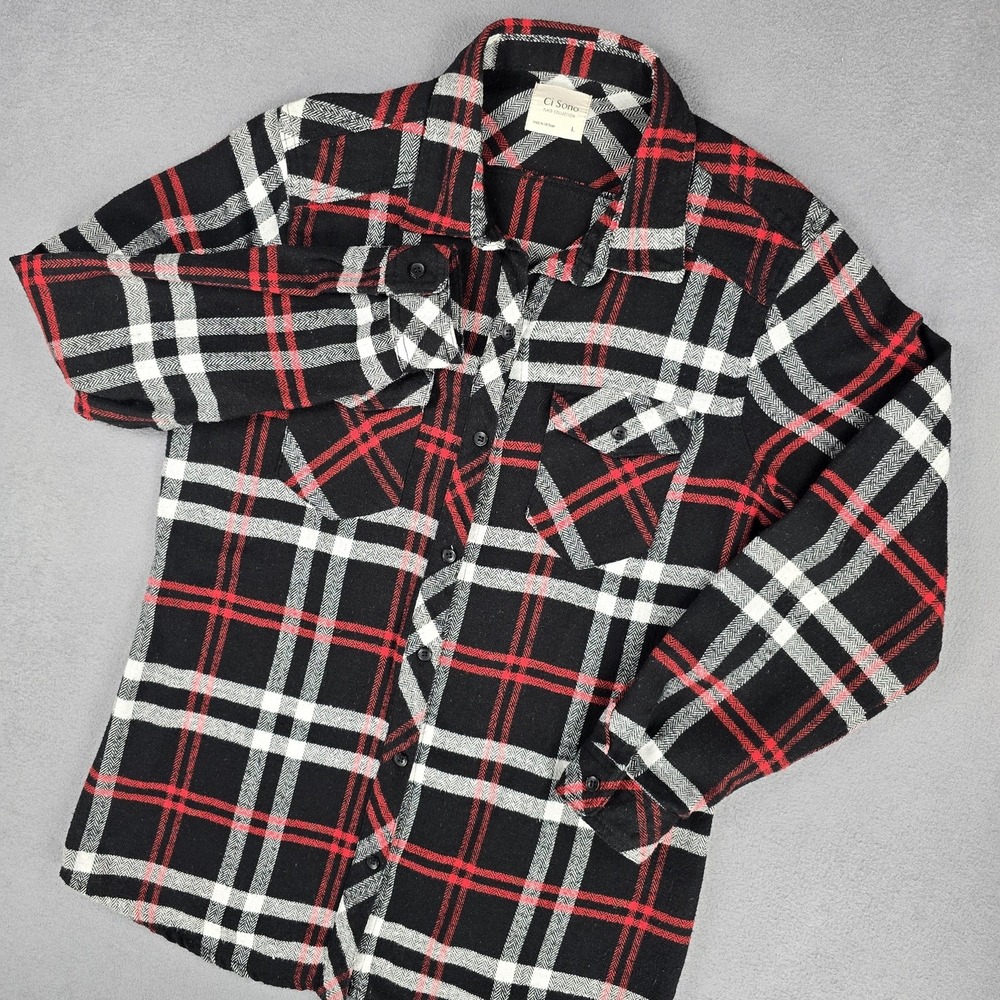 Ci Sono Flannel Shirt Womens Large Black Red White Plaid Button Up‎ Casual Top